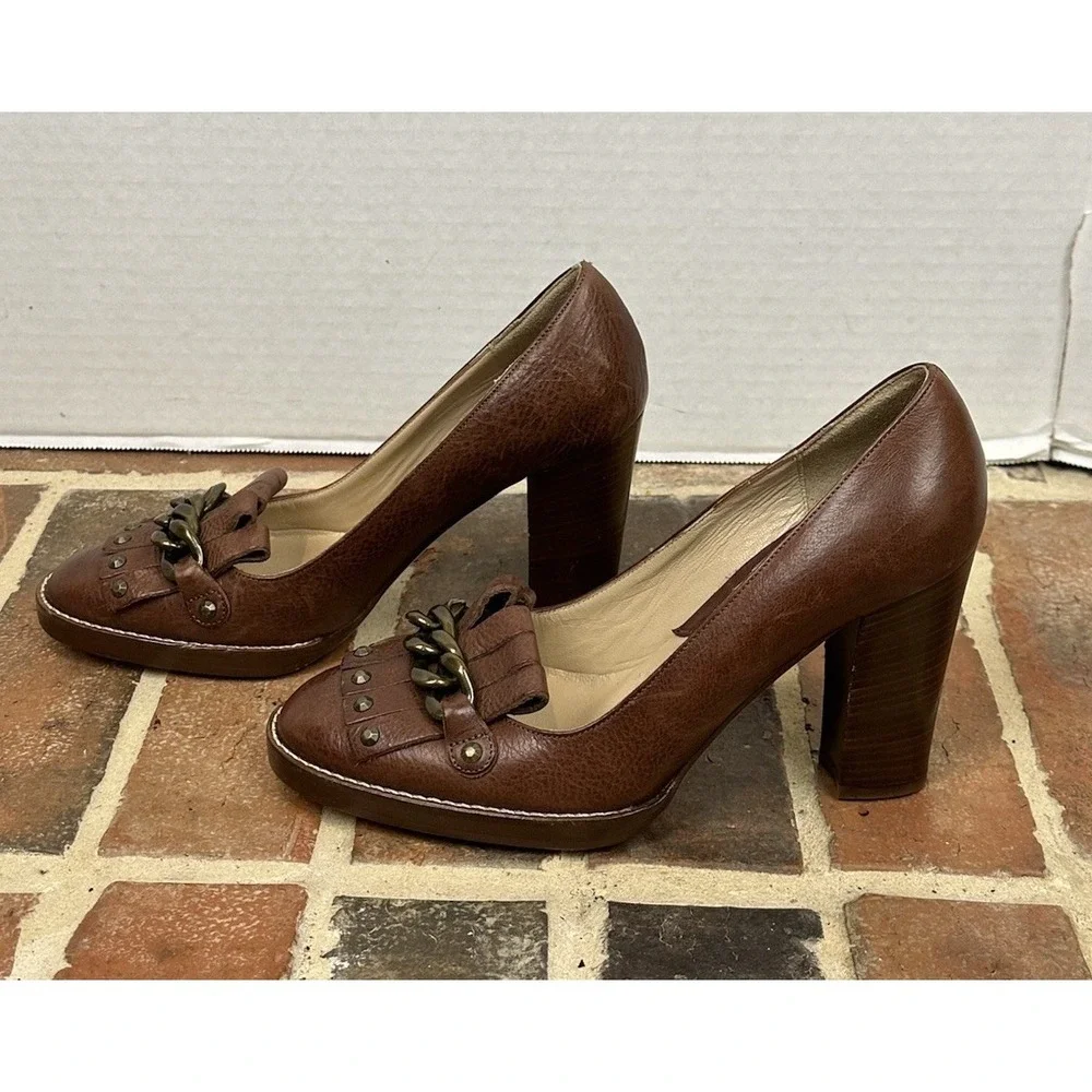Michael Kors Collection Brown‎ Leather Kiltie Pumps Fringe Block Heel Women's 6